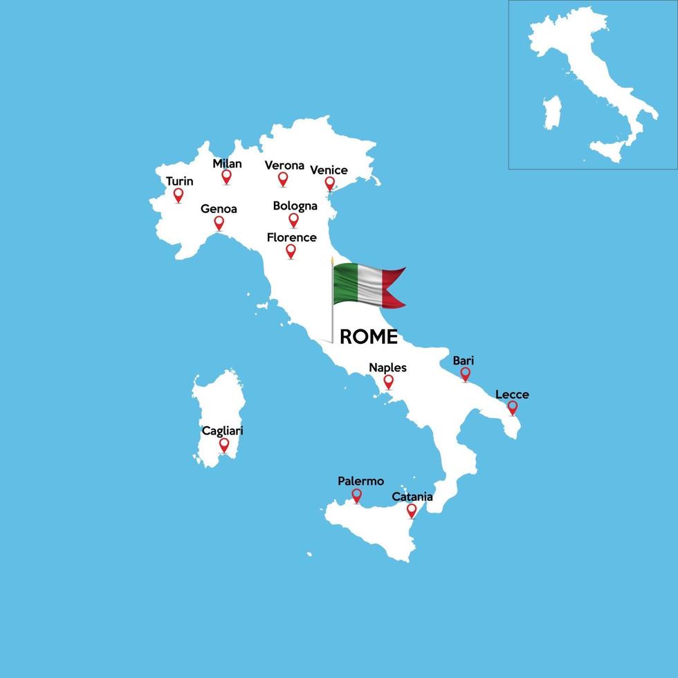 een gedetailleerde kaart van italië met indexen van de belangrijkste steden van het land. nationale vlag van de staat. vector