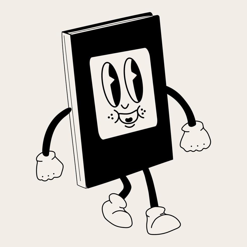 boek Jaren 30 tekenfilm mascotte karakter jaren 40, jaren 50, Jaren 60 oud animatie stijl in zwart en wit kleur vector