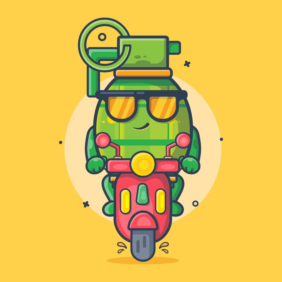 koel granaat wapen karakter mascotte rijden scooter motorfiets geïsoleerd tekenfilm in vlak stijl ontwerp vector
