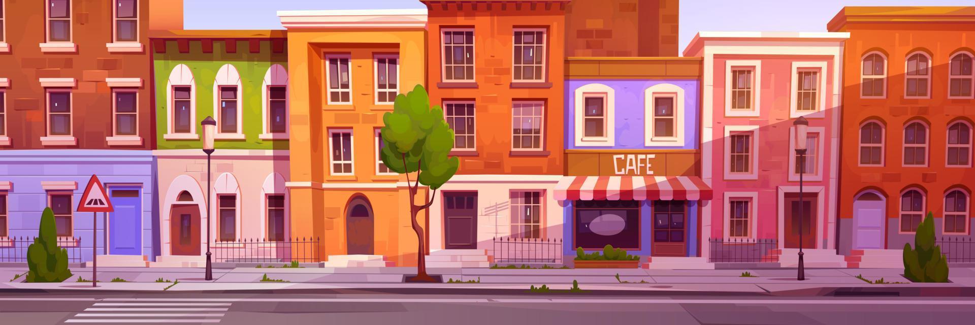 tekenfilm stad straat met mooi hoor huizen en cafe vector