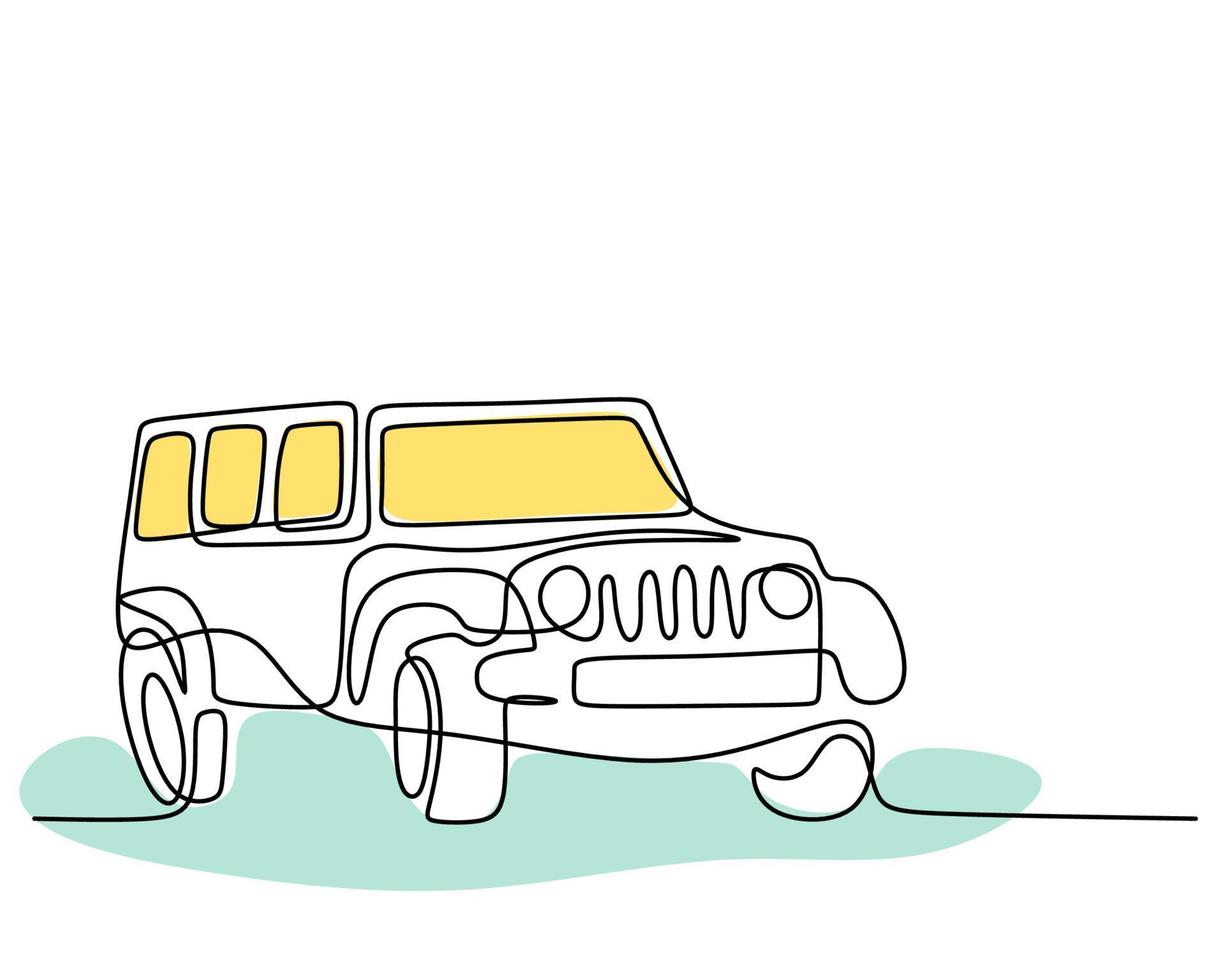 hand- tekening single een lijn van klassiek jeep vervoer vector