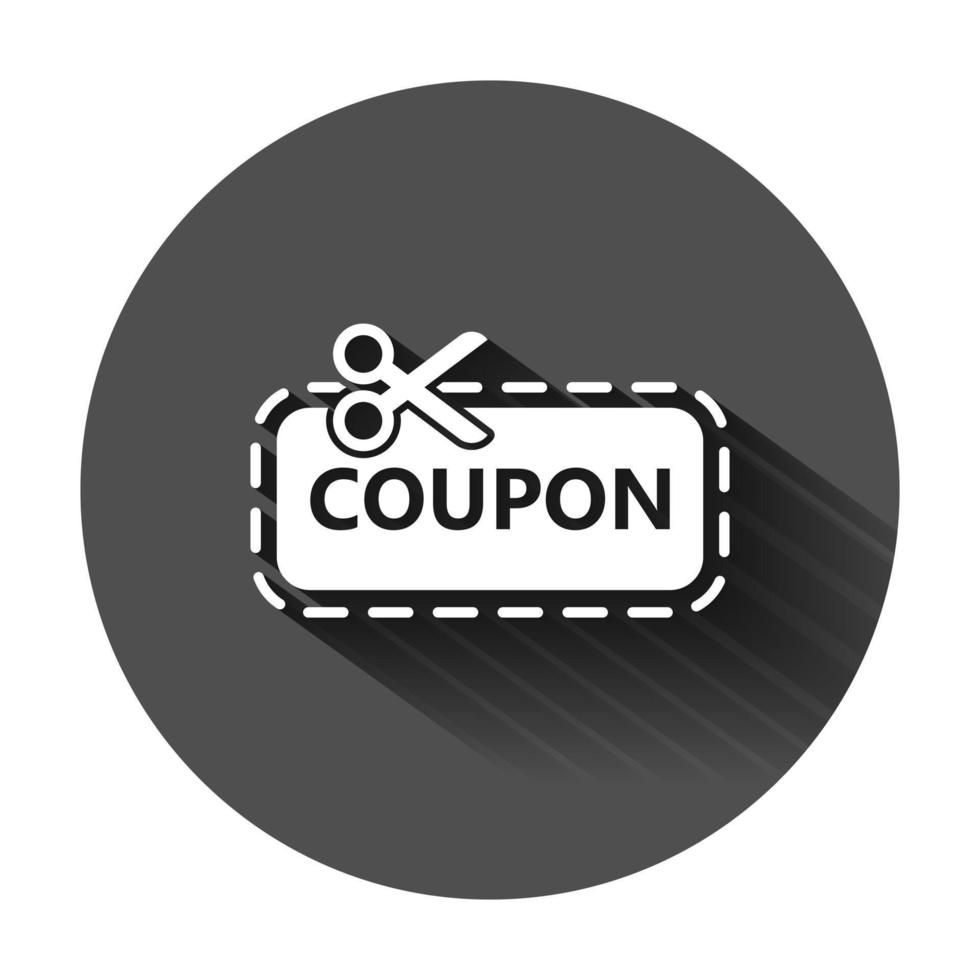 korting coupon icoon in vlak stijl. schaar met prijs label vector illustratie Aan zwart ronde achtergrond met lang schaduw. uitverkoop sticker bedrijf concept.