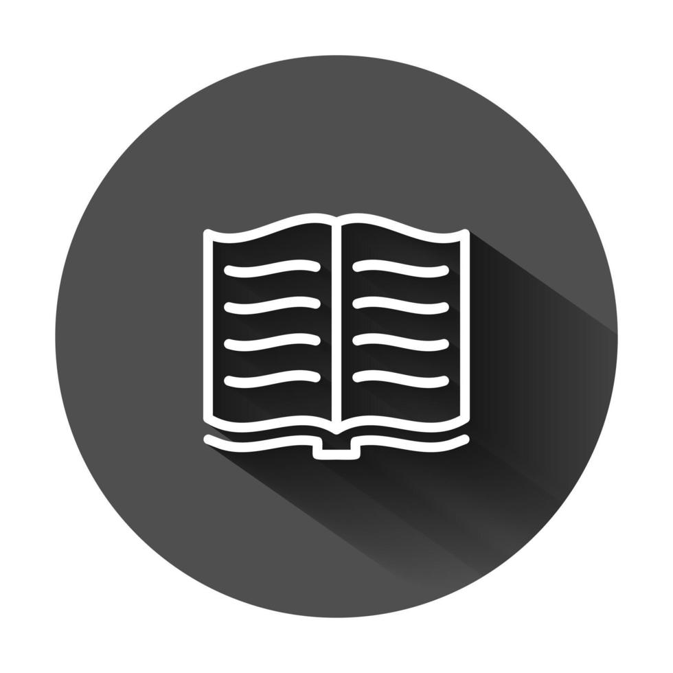 Open boek icoon in vlak stijl. literatuur vector illustratie Aan zwart ronde achtergrond met lang schaduw. bibliotheek bedrijf concept.