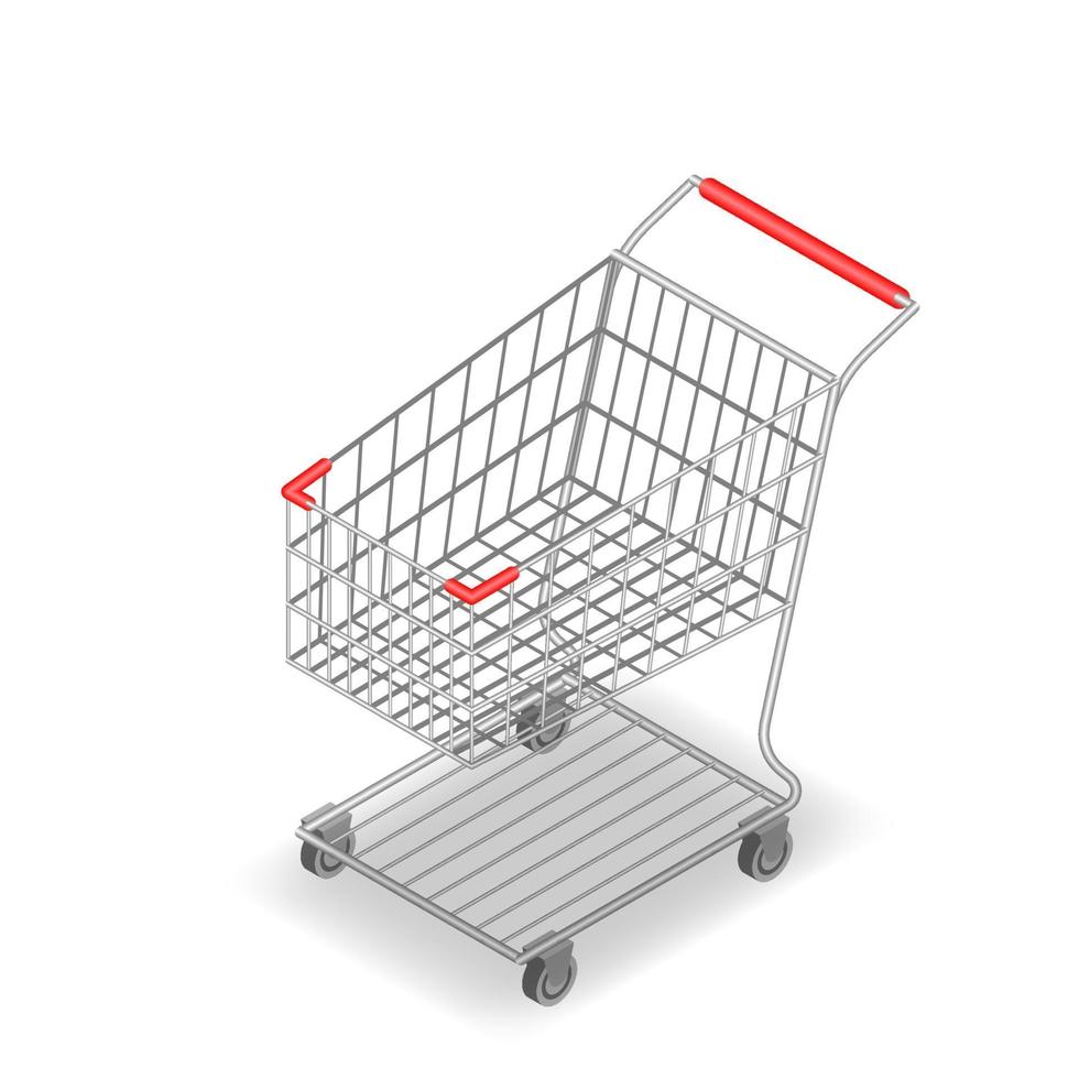 isometrisch 3d supermarktboodschappenwagentje voor gemakswinkelwinkel die op witte achtergrond wordt geïsoleerd. vector