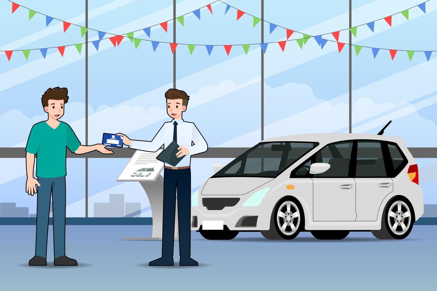 een gelukkige zakenman, verkoper staat en geeft een voertuigregistratieboek voor verkoop luxe auto geparkeerd in de showroom. vector