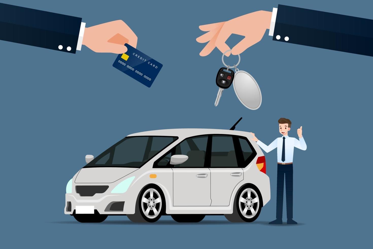 de autohandelaar ruilt, verkoopt of verhuurt tussen een auto en de creditcard van de klant. vector illustratie ontwerp.