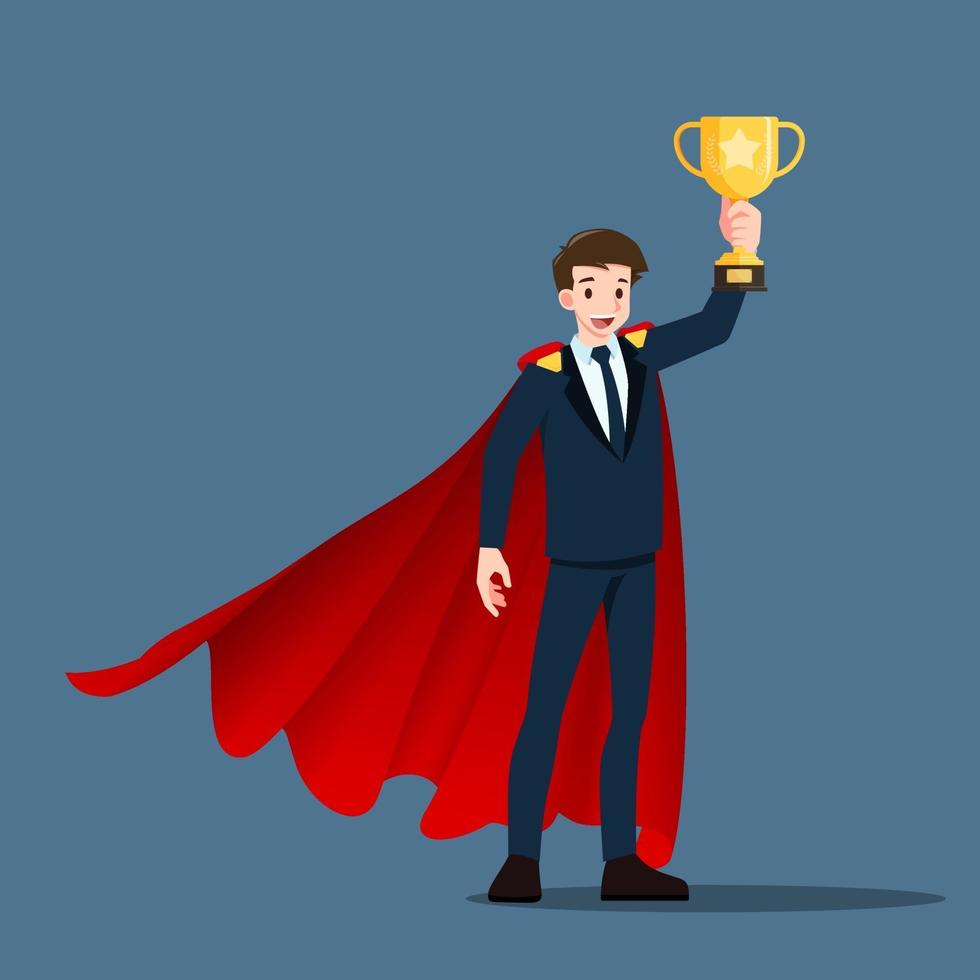 succesvolle jonge zakenman in pak met blij gezicht draagt rode cape, werpt een gouden trofee beker. winnaar of leider mannelijk karakter met zakelijk succesconcept. vector