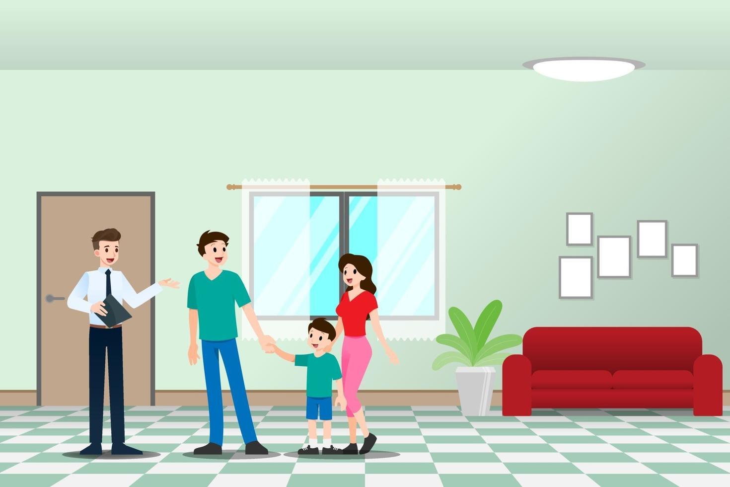 de makelaar toont de nieuwe mooie moderne woning te koop aan klant met familie. vectorillustratie in plat ontwerp. vector