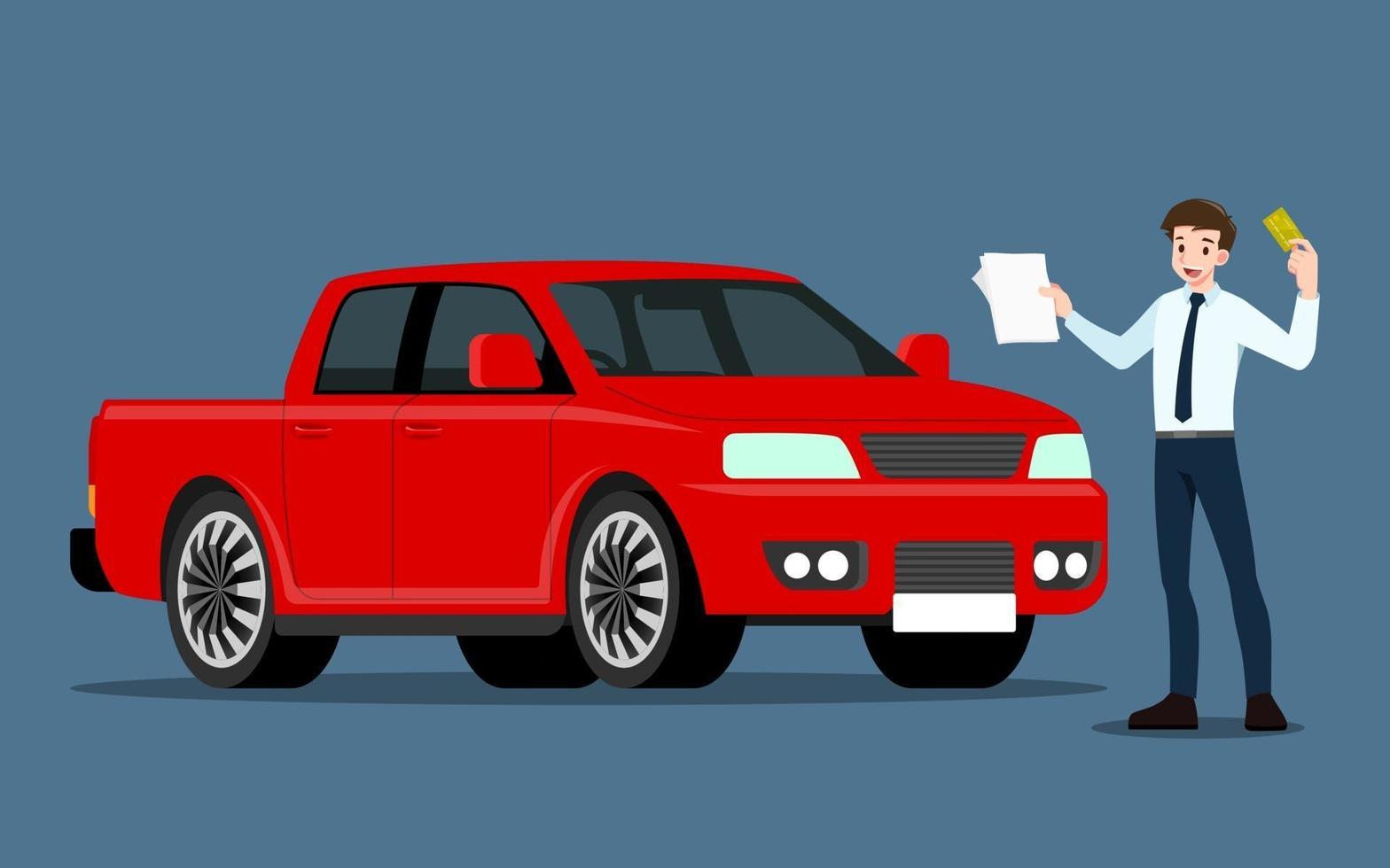 een gelukkige zakenman, verkoper presenteert zijn voertuig te koop of te huur. zakenmensen of autodealer, toont zijn nieuwe pick-up truck in showroom. vector