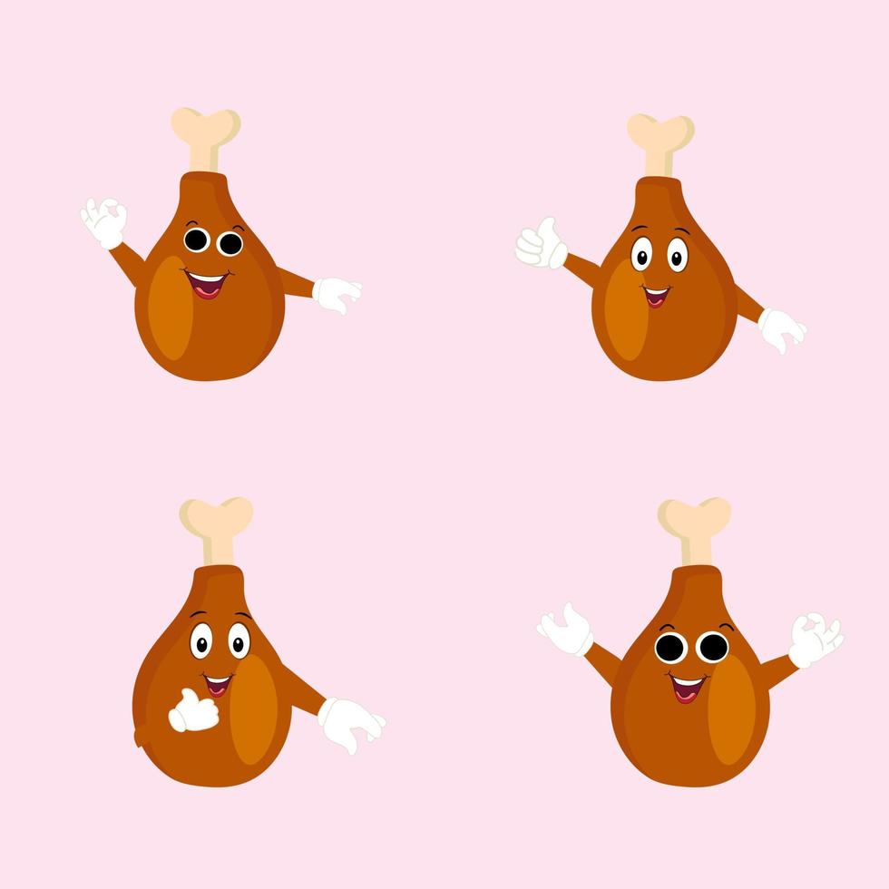 gebakken kip, kip dijen icoon, vector gebakken kip icoon, schattig emoji met gelukkig gezicht, Fast food of rooster menu ontwerp. grappig voedsel gelukkig maaltijd voor kinderen. kawaii voedsel icoon.