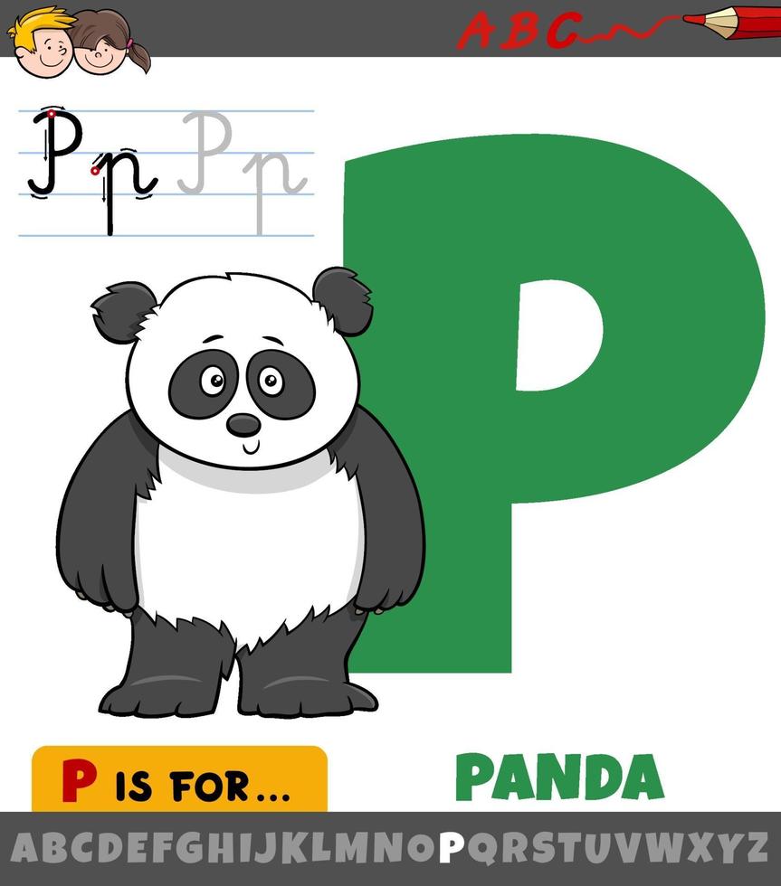 letter p uit alfabet met panda dierlijk karakter vector
