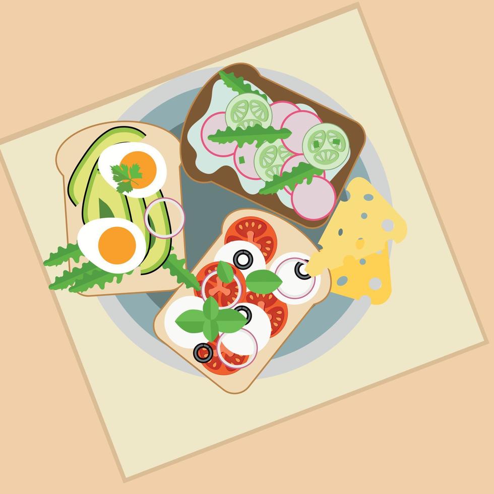 ontbijt voedsel set. bord met geroosterd brood, ei, tomaten, komkommers, radijs, Mozzarella, sla, olijven, kaas. ochtend- maaltijd, top visie. vector illustratie