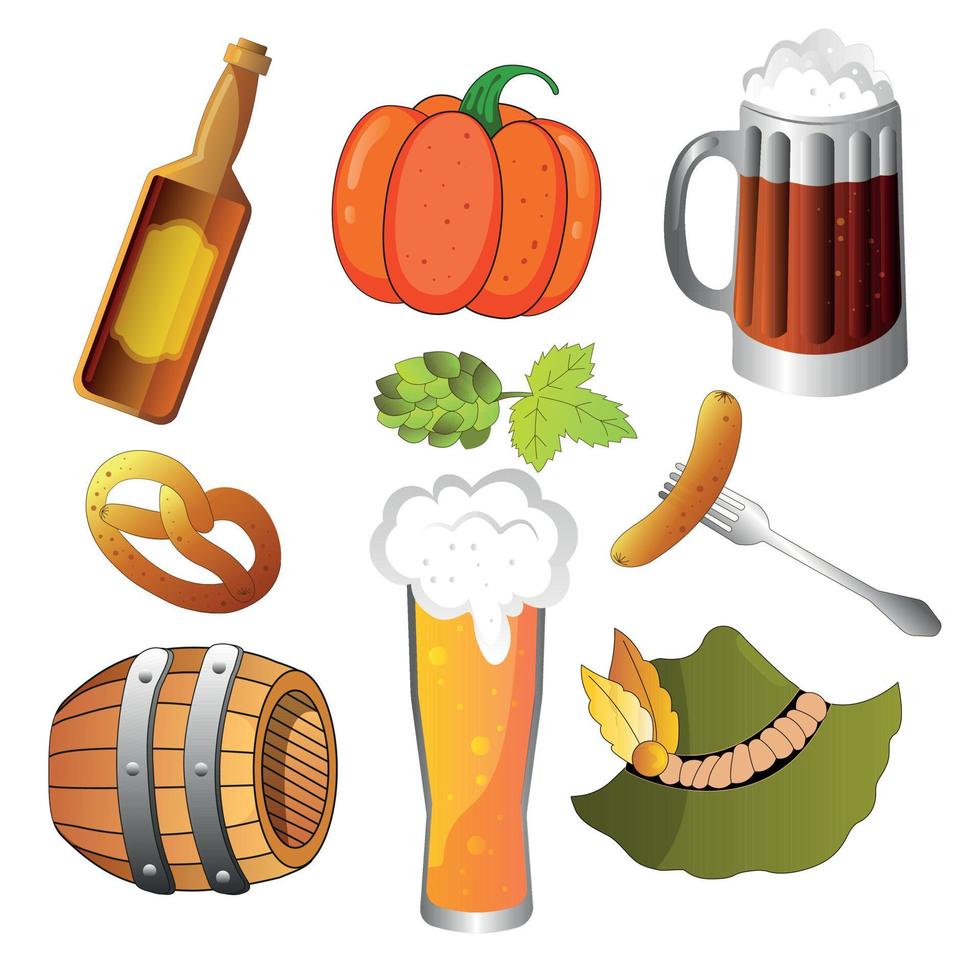 oktoberfeest bier festival pictogrammen set. pompoen, bier, gegrild worst Aan vork, hop, hoed, vat, mok, glas met bier. vector illustratie.