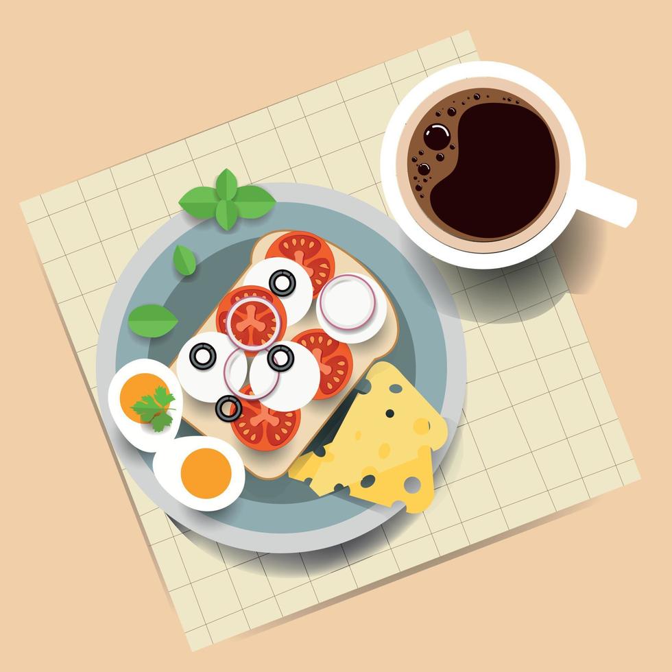 voedsel ontbijt set. bord met geroosterd brood , ei, tomaat,komkommer,radijs, Mozzarella, salade, olijven, kaas, koffie mok. top visie morgen maaltijd. vector illustratie