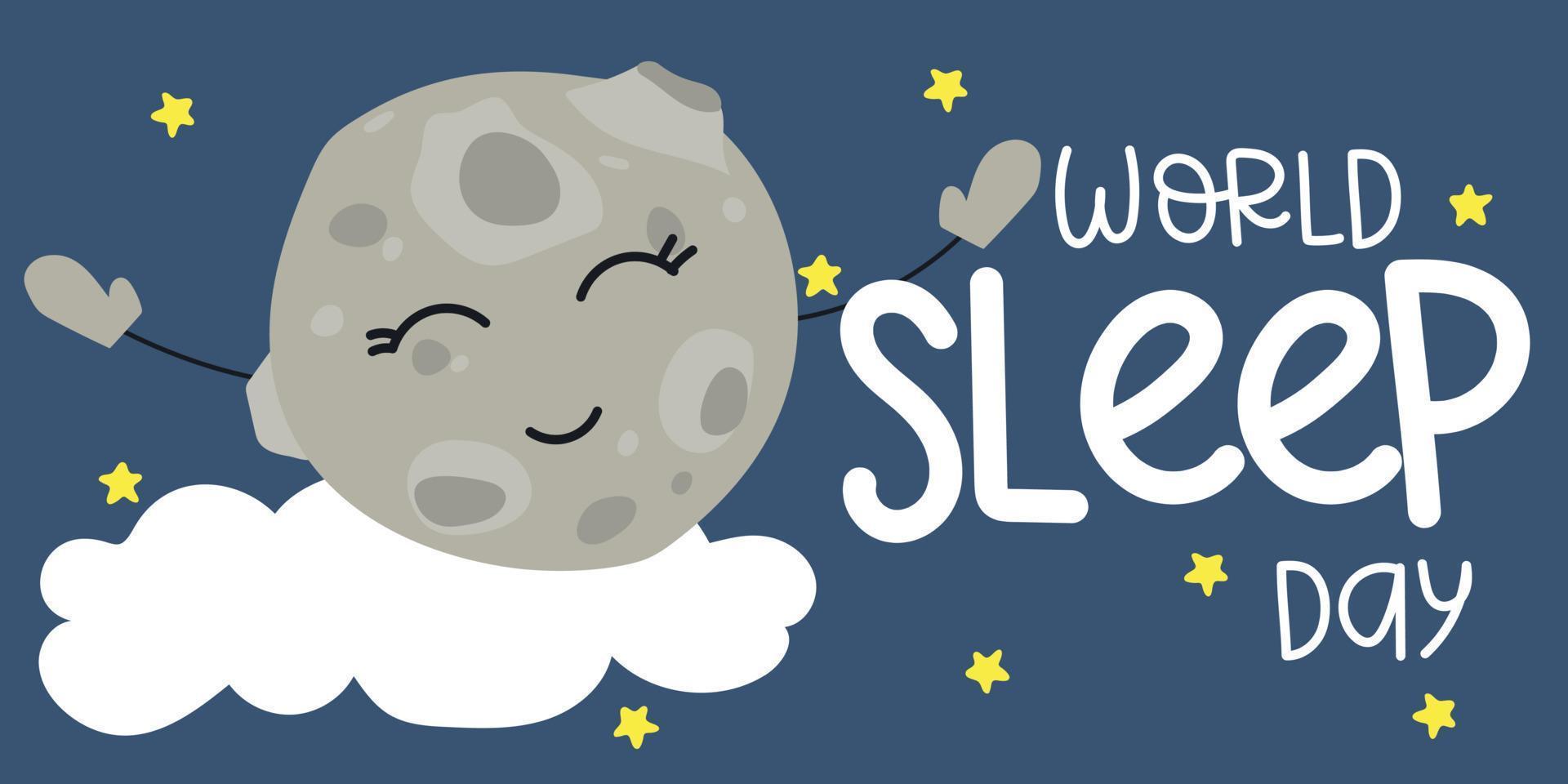 illustratie van de vector ontwerp van de wereld slaap dag. de maan Aan de achtergrond van de lucht met sterren met een inscriptie. kinderen illustratie. het drukken Aan papier en textiel. ansichtkaart banier