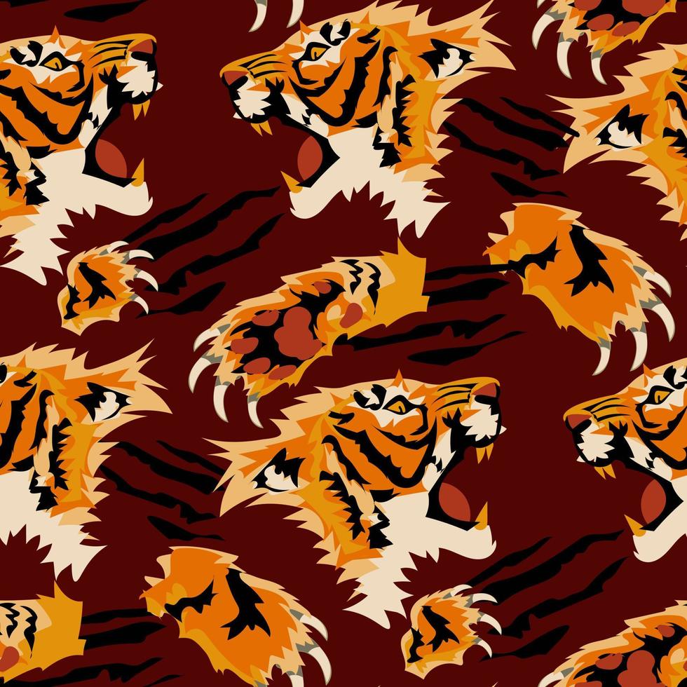 een patroon Bij verschillend hoeken van een vector beeld van een tijger hoofd en een poot snijdend de materiaal, Aan een rood achtergrond. abstract illustratie, vereenvoudigd vlekken in lagen. afdrukken banier, brochure