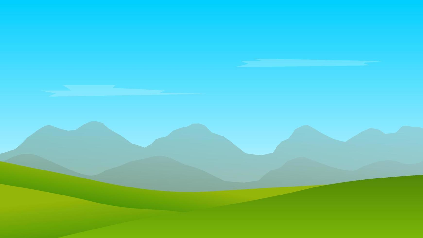 landschap tekenfilm tafereel achtergrond. groen weide met berg net zo laag en blauw lucht vector
