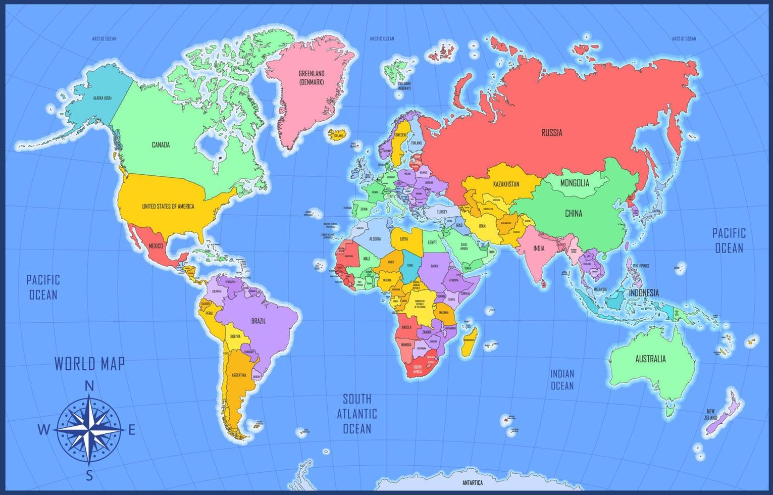 kleurrijk wereld kaart en land naam vector
