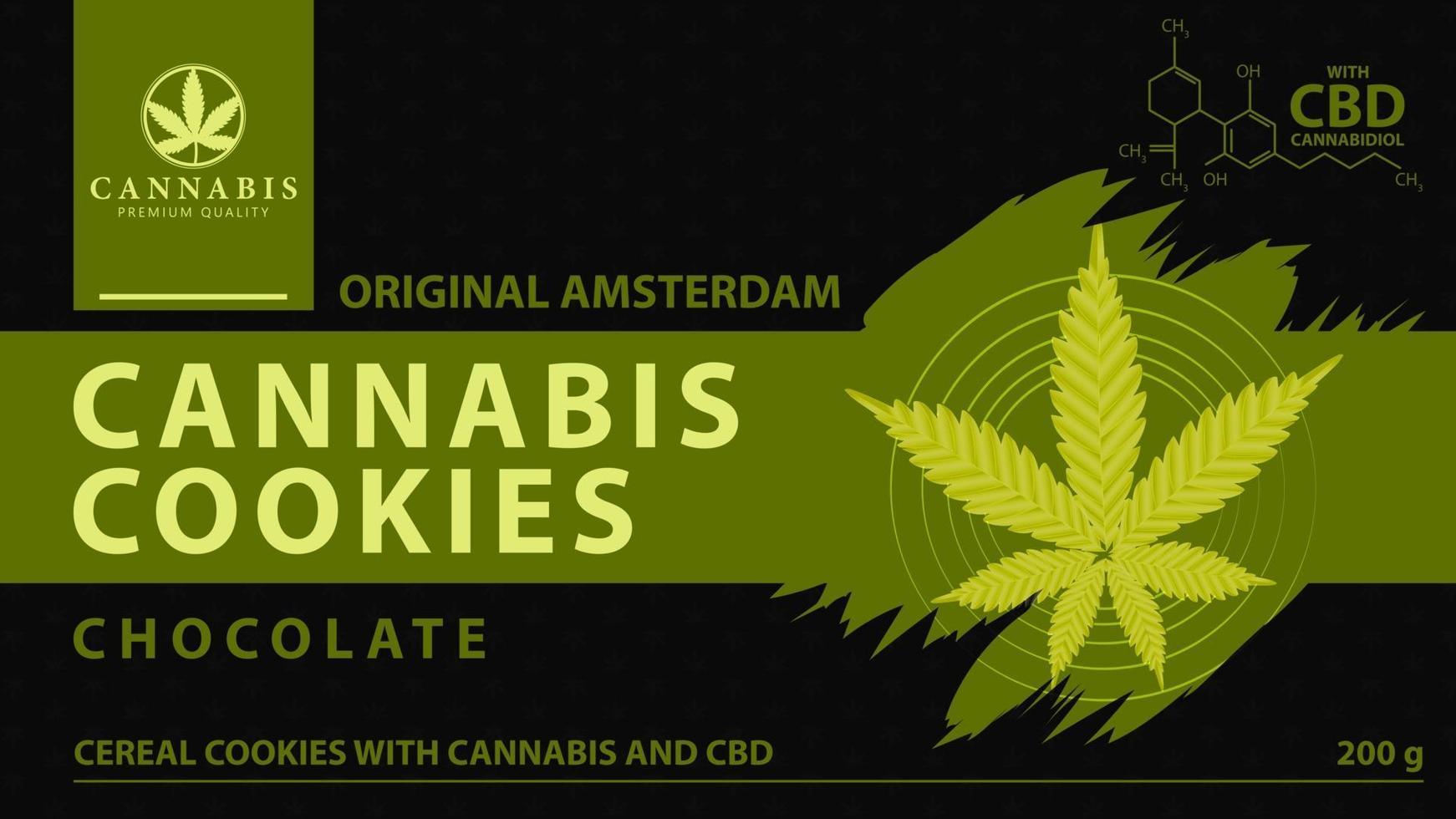 cannabiskoekjes, zwarte en groene omslag voor cannabiswinkel met digitaal marihuanablad in lage polystijl. vector