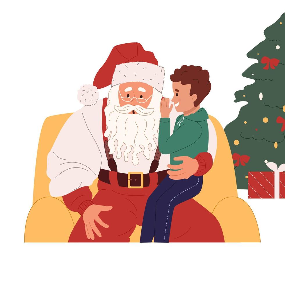 weinig jongen fluisteren in de kerstman claus oor, zittend Aan ronde. schattig kind vertelt geheim wensen. nieuw jaar Kerstmis vakantie concept. vlak vector illustratie geïsoleerd Aan wit achtergrond