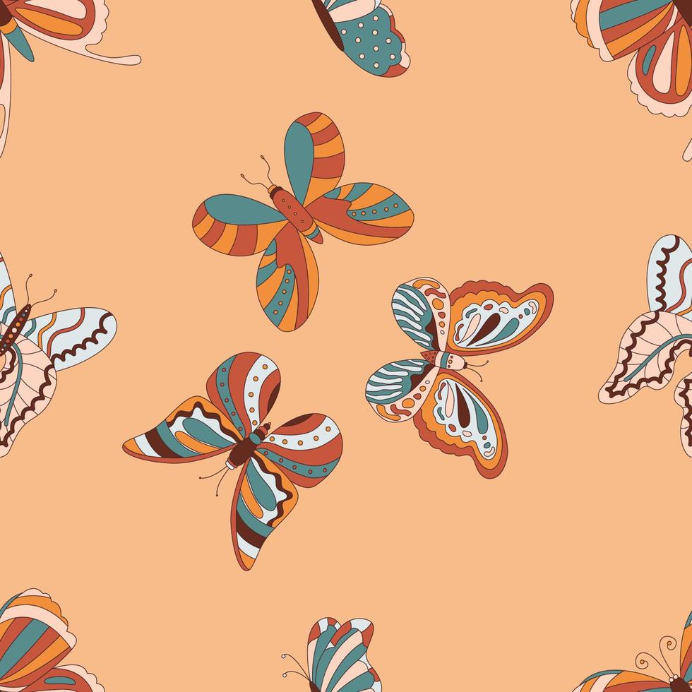 retro hippie vlinder Jaren 60 jaren 70 naadloos patroon. boho zomer vector afdrukken voor kleding stof, textiel, omslag, behang. natuurlijk wijnoogst kleuren vlinders herhaling structuur