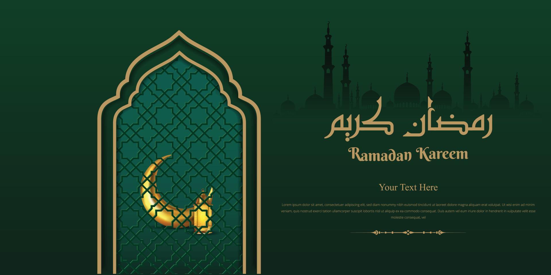 Ramadan kareem groet kaart vector met Arabisch ramen en goud maan Aan groen achtergrond