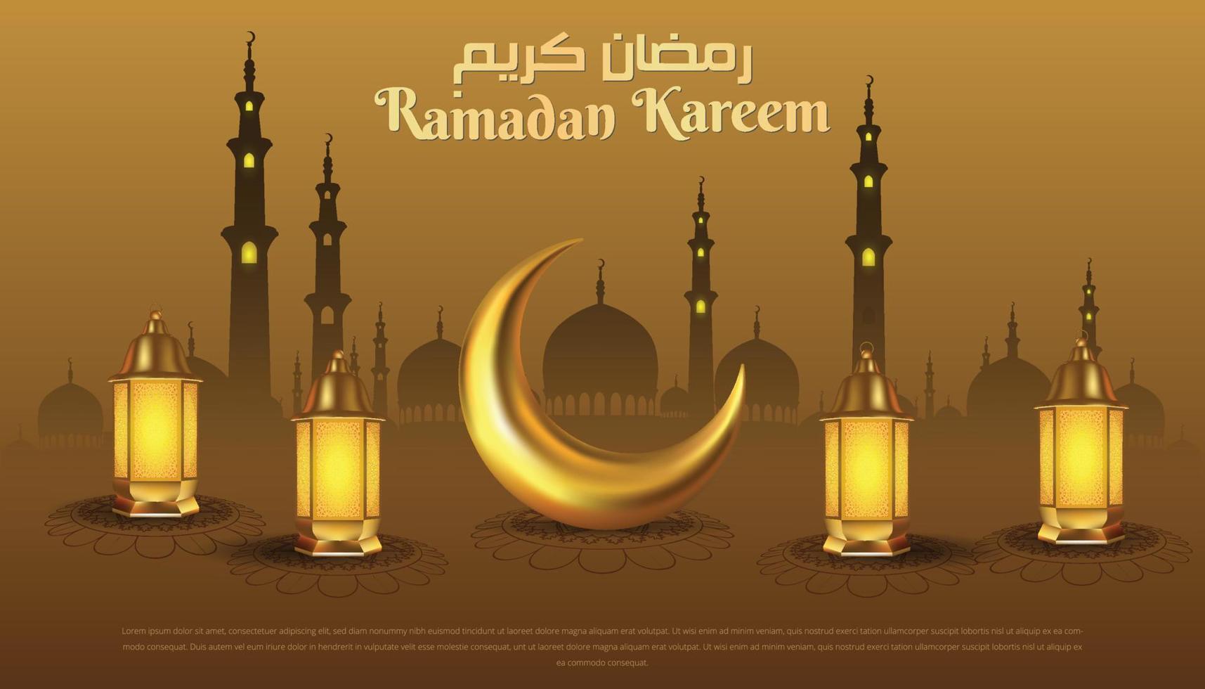 Ramadan kareem groeten met voor de helft maan en gouden lamp Aan moskee achtergrond vector