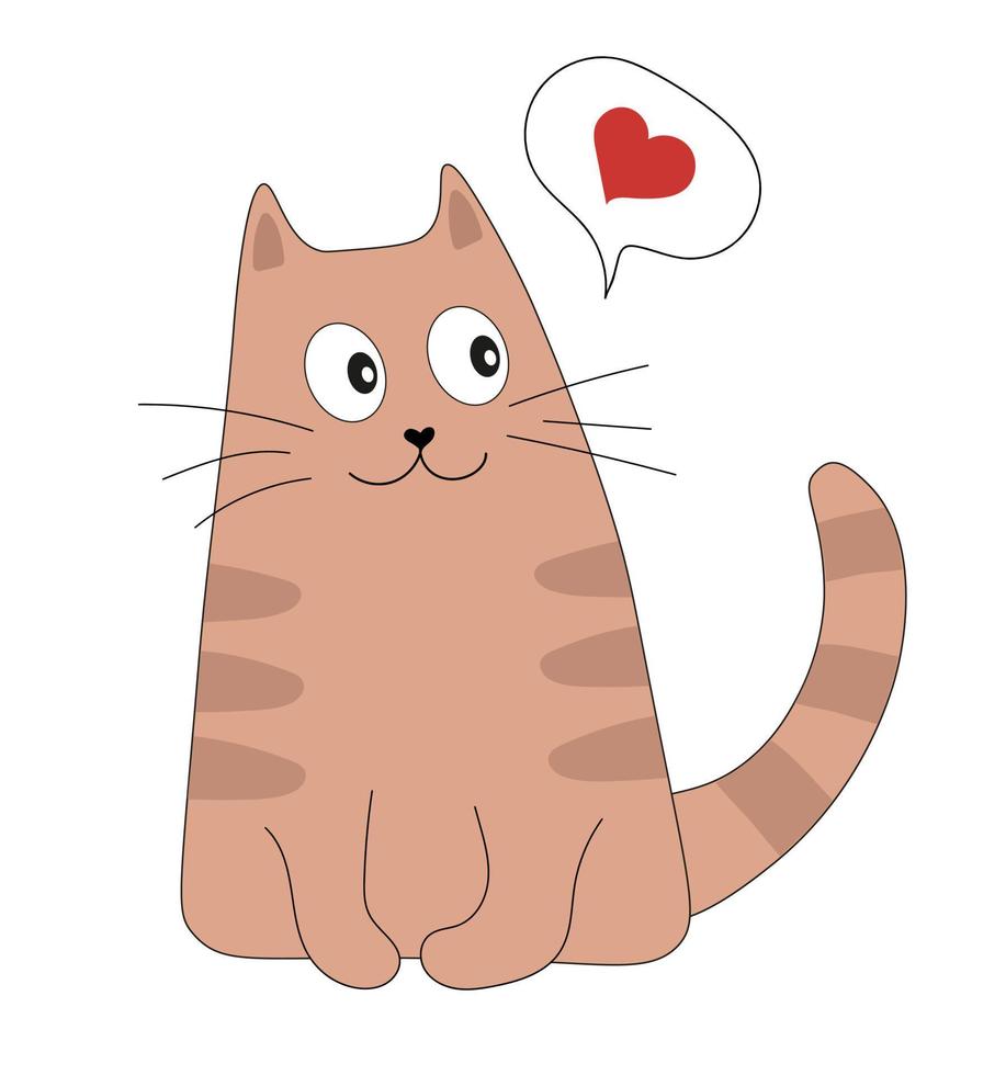 schattig kat bruin gestreept denk over liefde. romantisch valentijnsdag dag vector illustratie tekening voor groet kaart of poster.