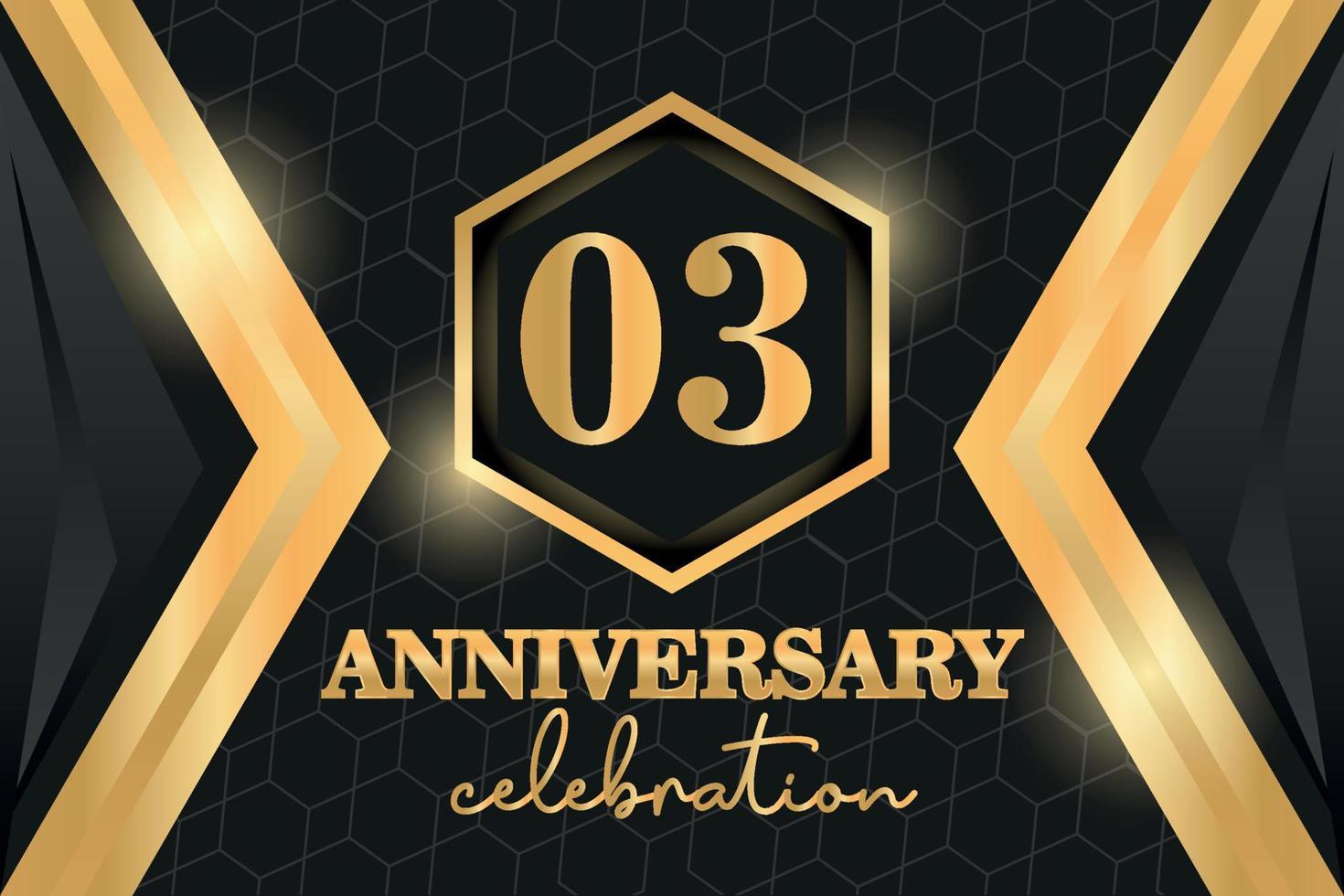 03 jaren verjaardag logo gouden gekleurde vector ontwerp Aan zwart achtergrond sjabloon voor groet
