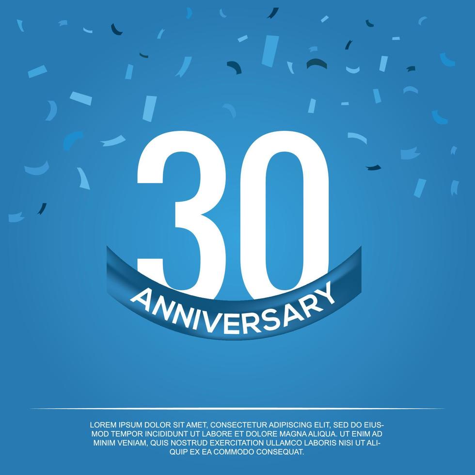 30e verjaardag viering vector ontwerp met wit kleur getallen en wit kleur doopvont Aan blauw kleur achtergrond abstract