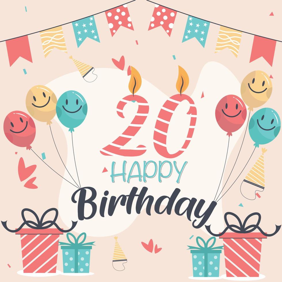 vector 20e gelukkig verjaardag vector ontwerp voor groet kaarten en poster met ballon en geschenk doos ontwerp