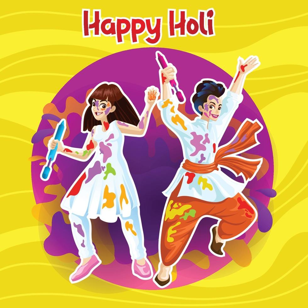 holi-groeten met vrolijke dansers vector