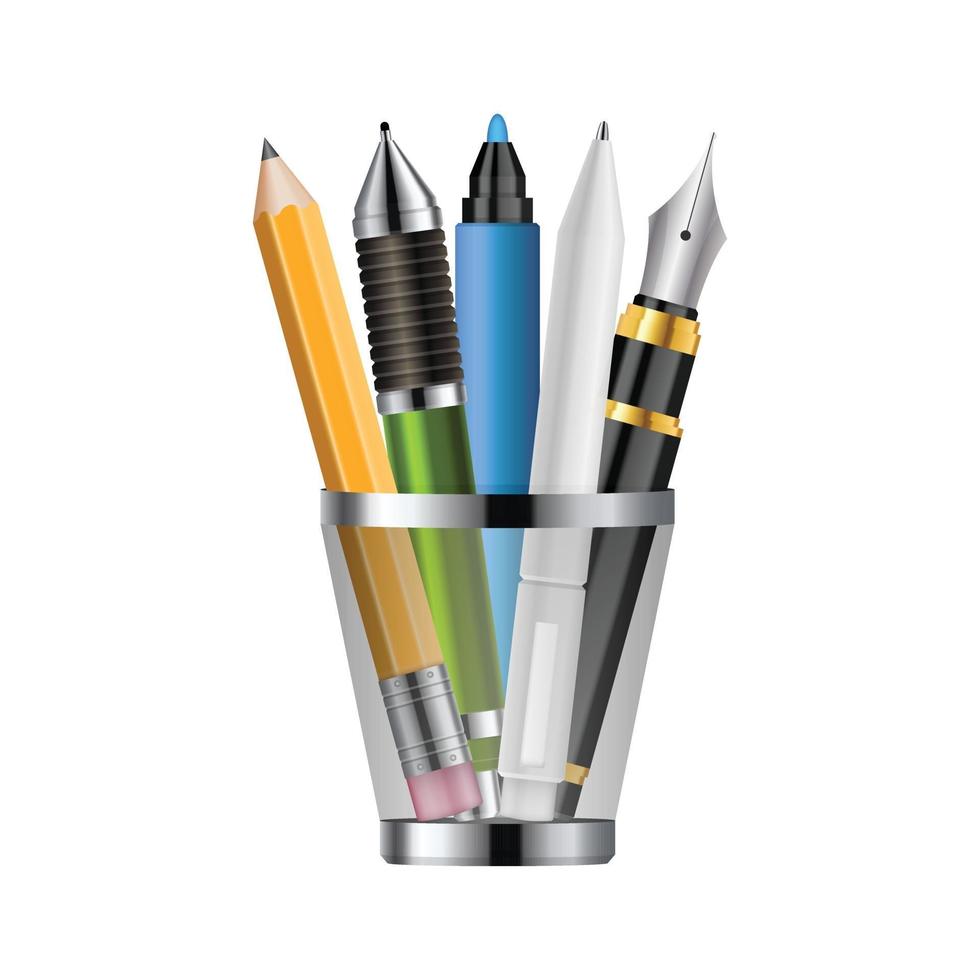 realistische pennen en potloden in plastic glas vector