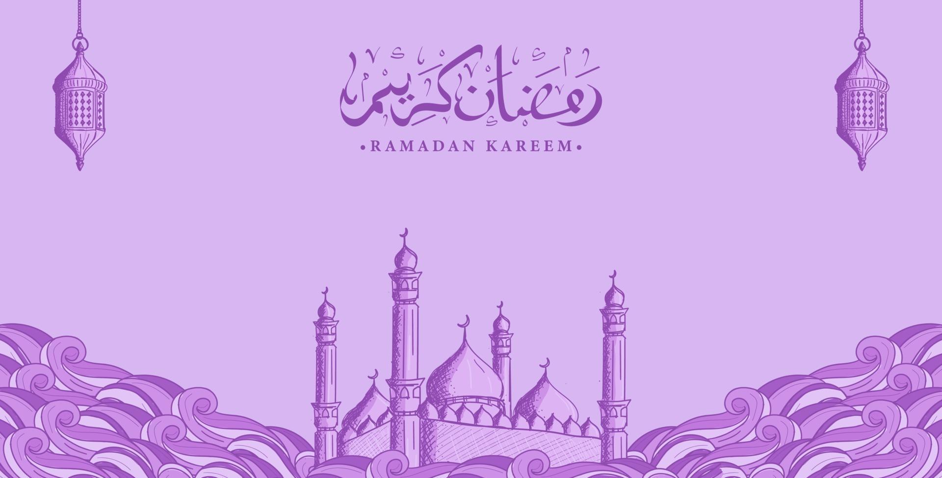 Arabische kalligrafie ramadan kareem met hand getrokken moskeeillustratie vector