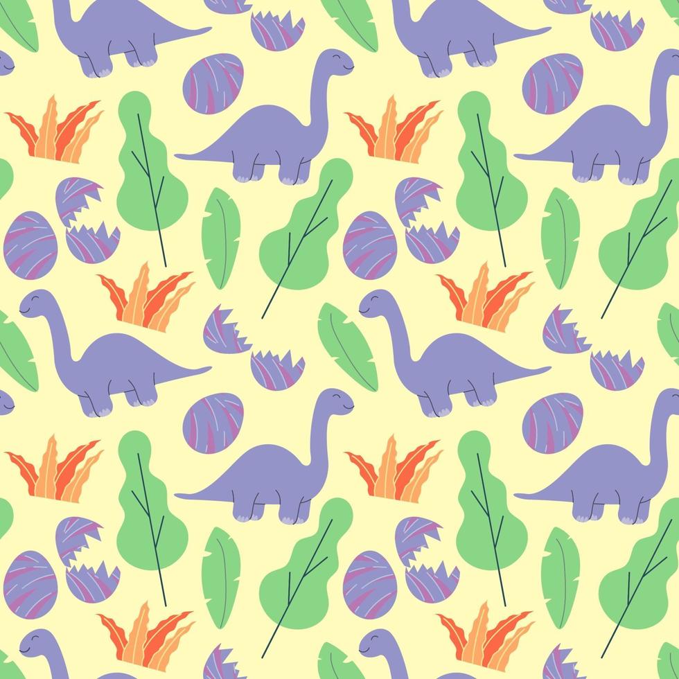 schattige dinosaurussen en tropische planten. grappige cartoon dino naadloze patroon. hand getrokken vector doodle ontwerp voor meisjes, kinderen. hand getekend kinderpatroon voor mode kleding, shirt, stof