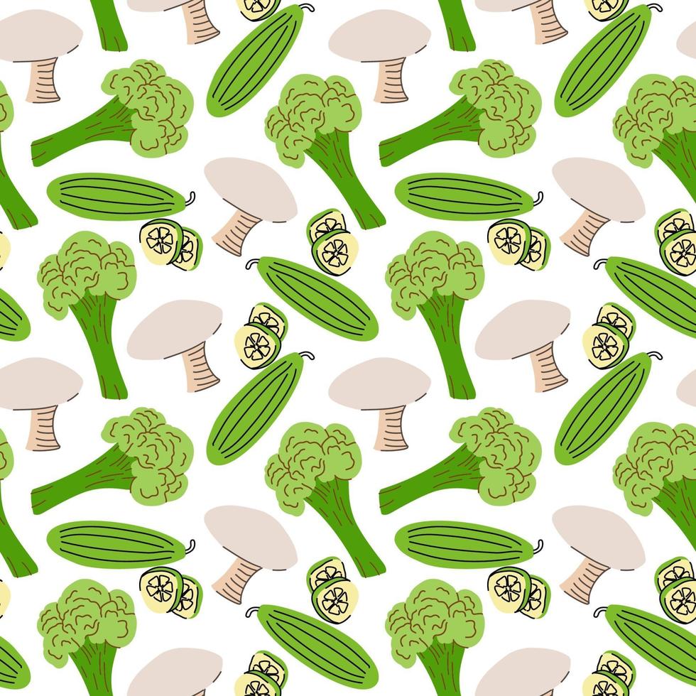 naadloze patroon met champignons, plakjes komkommer, broccoli op een witte achtergrond. vectorillustratie van ingrediënten voor voedsel backgroundin een platte doodle stijl. vector