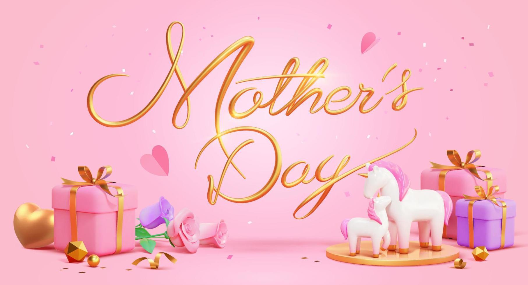 3d moeder dag banier sjabloon met cursief goud typografie, geschenk dozen en mooi eenhoorn familie. concept van liefde van moeders. vector