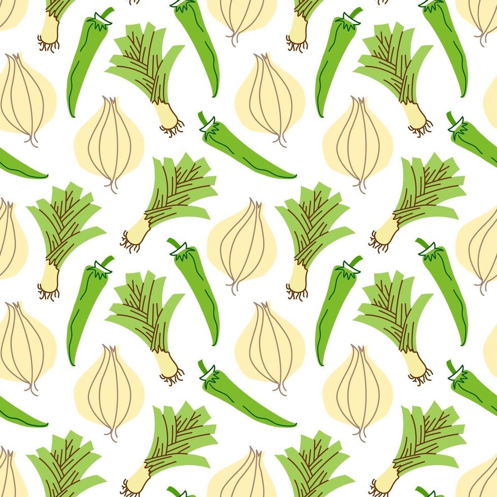 plantaardig patroon met samenstellinguien, knoflook, het element van de Spaanse peperpeper. perfect voor voedselachtergrond, behang, textiel. vector illustratie