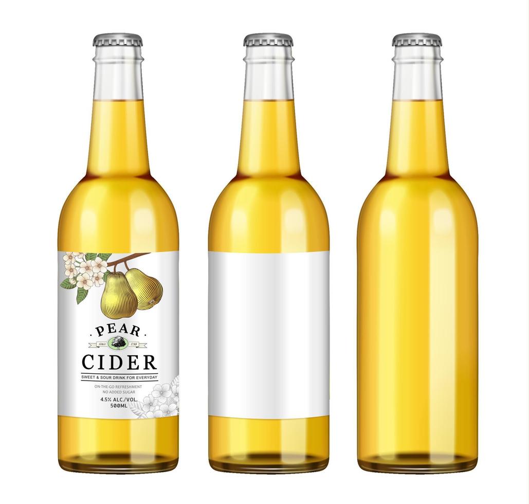 Peer cider fles model. 3d illustratie van drie glas flessen met zilver petten en twee met mat etiketten, en de andere zonder vector