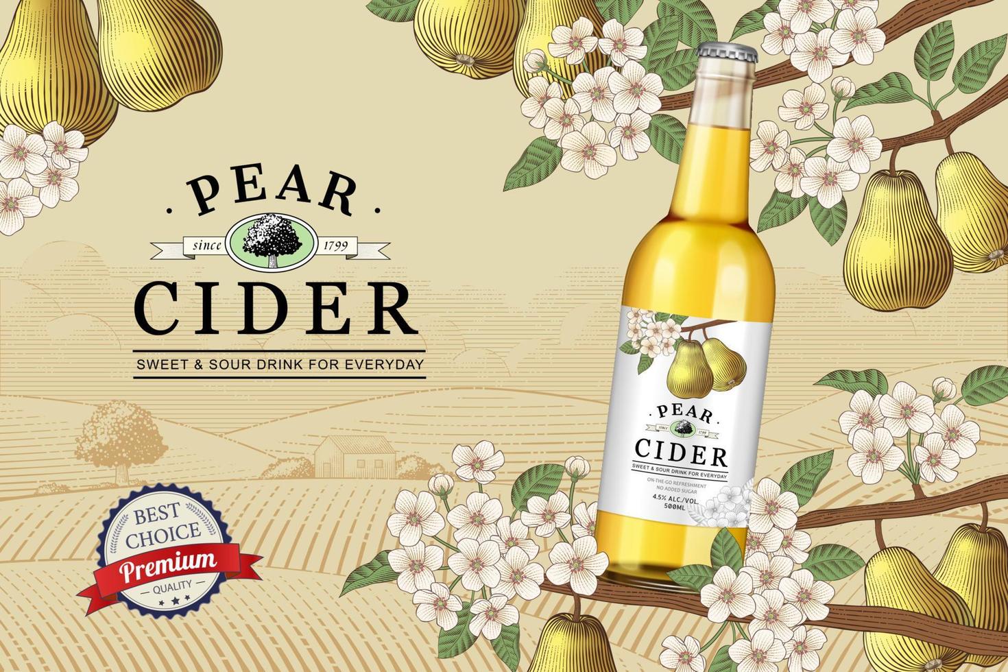 Peer cider promo advertentie. 3d illustratie van Peer cider glas fles omringd met gegraveerde Peer Afdeling Aan boomgaard achtergrond vector