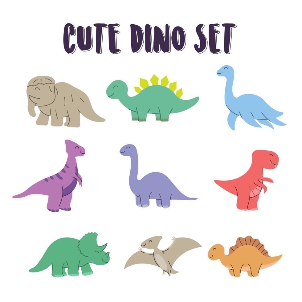 set schattige dino kleurelementen. dino set, gelukkige schattige kleurrijke dinosaurussen vector