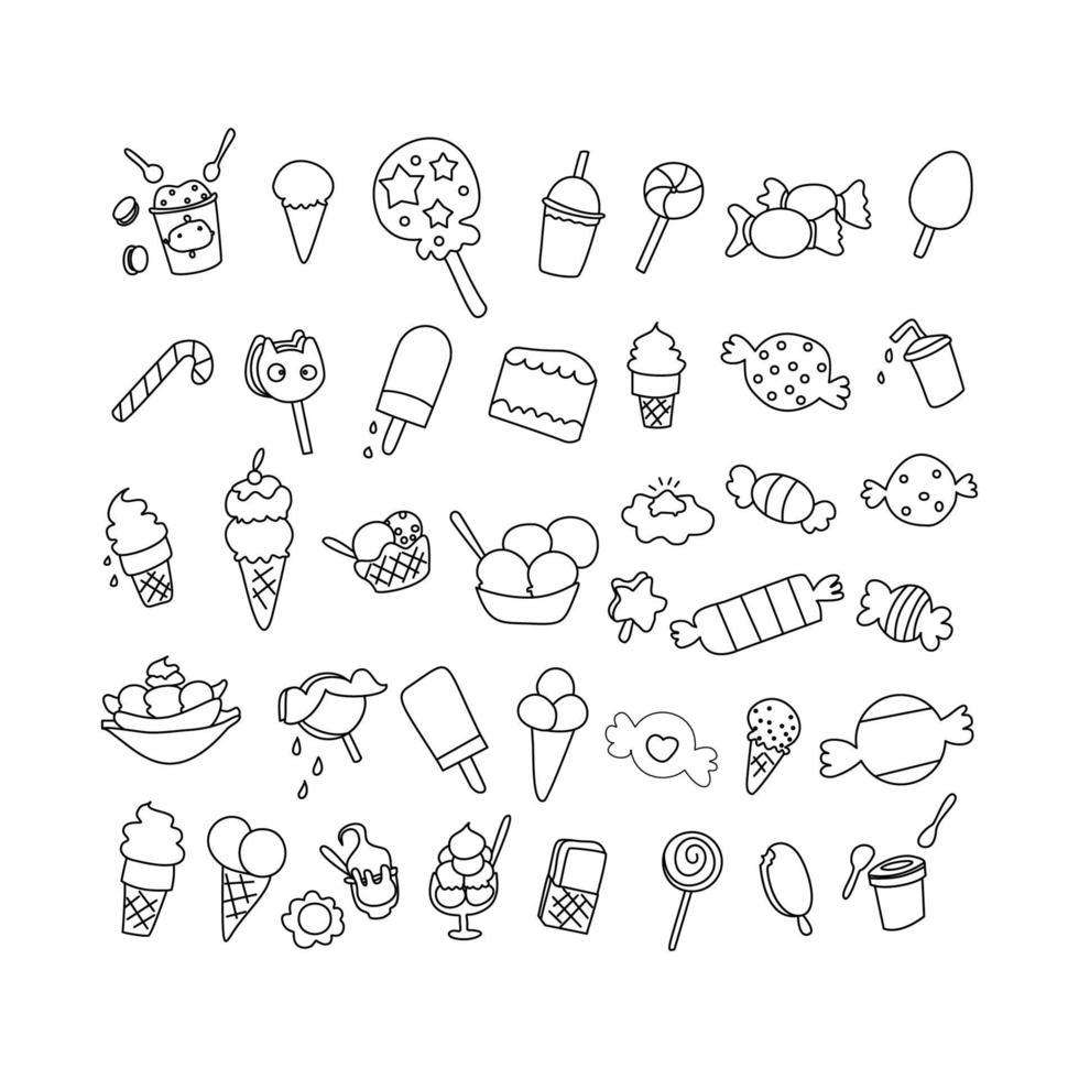 set element verjaardag woestijn doodle. hand getrokken doodle snoepjes set vector illustratie schetsmatig zoet voedsel iconen collectie geïsoleerde woestijn symbolen op witte achtergrond cupcake macaron chocoladereep snoep cake taart gebak lolly gebak