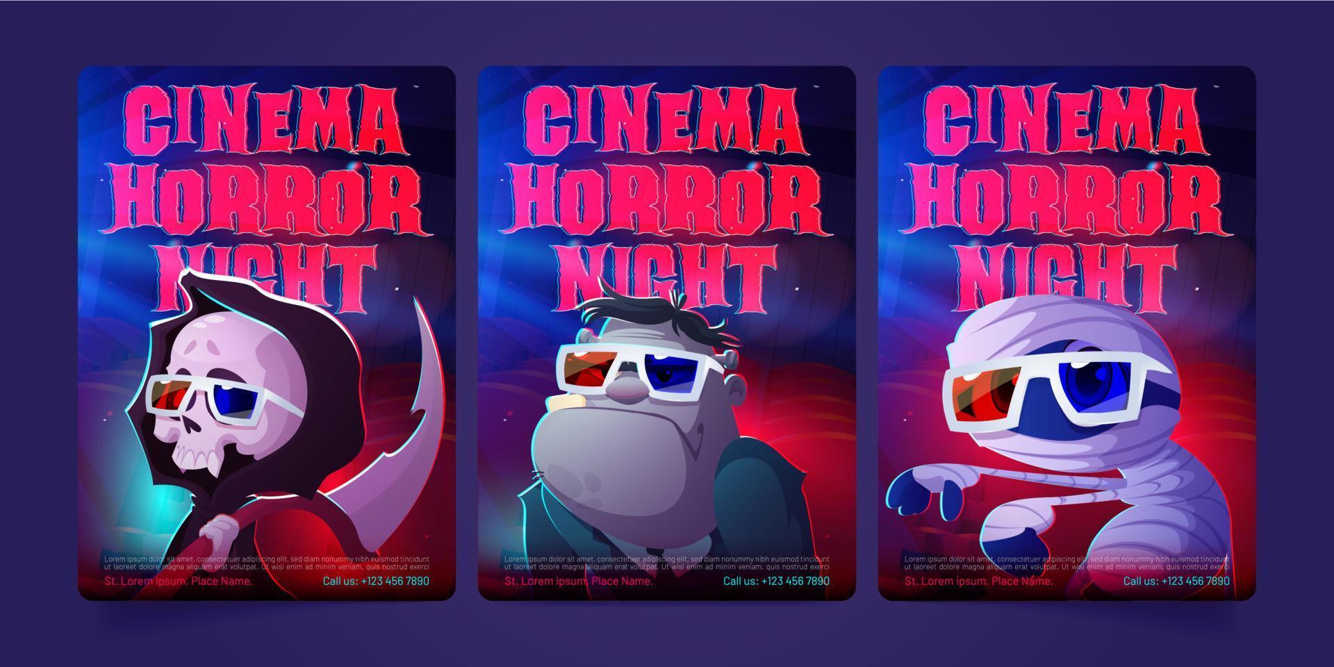 nacht verschrikking films flyers met grappig monsters vector