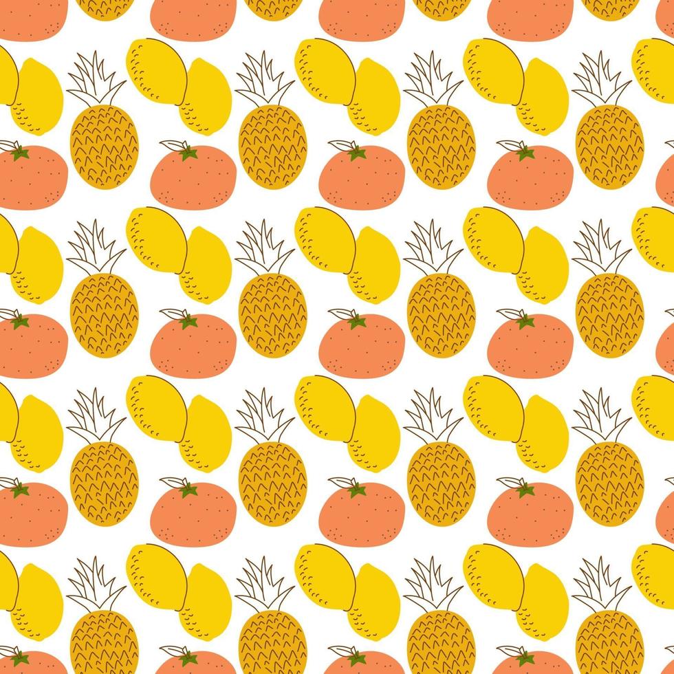 fruitpatroon met kleurstof, citroenen, ananas, sinaasappel. cartoon vers fruit in vlakke stijl. aardbei, banaan, appel, ananas, kers, citroen. naadloze patroon. vector