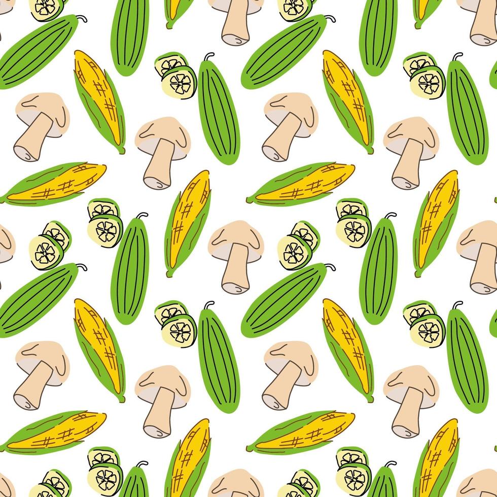 naadloze patroongroenten met elementen van paddestoelen, komkommer, maïs. vector illustratie