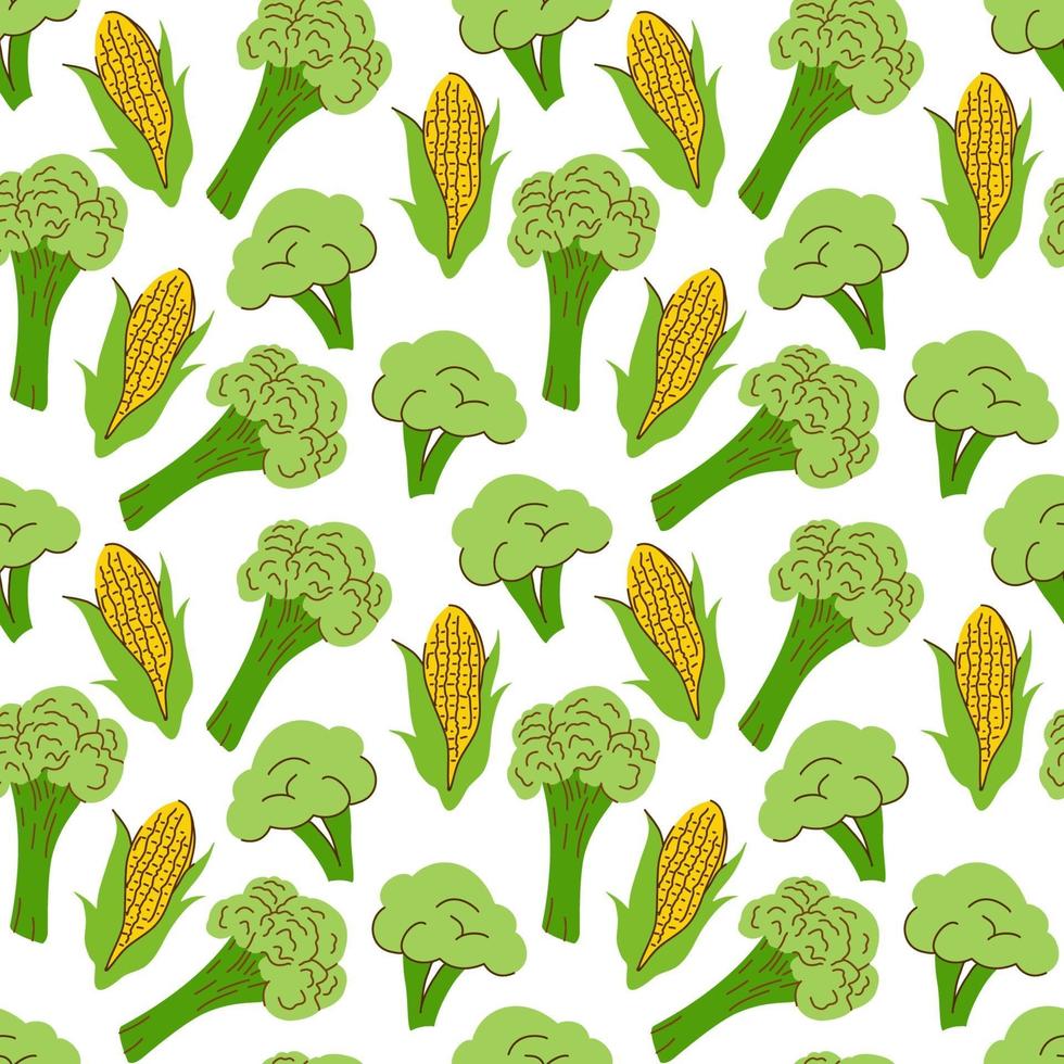 plantaardig patroon met compositie maïskolven en broccoli-element. perfect voor voedselachtergrond, behang, textiel. vector illustratie