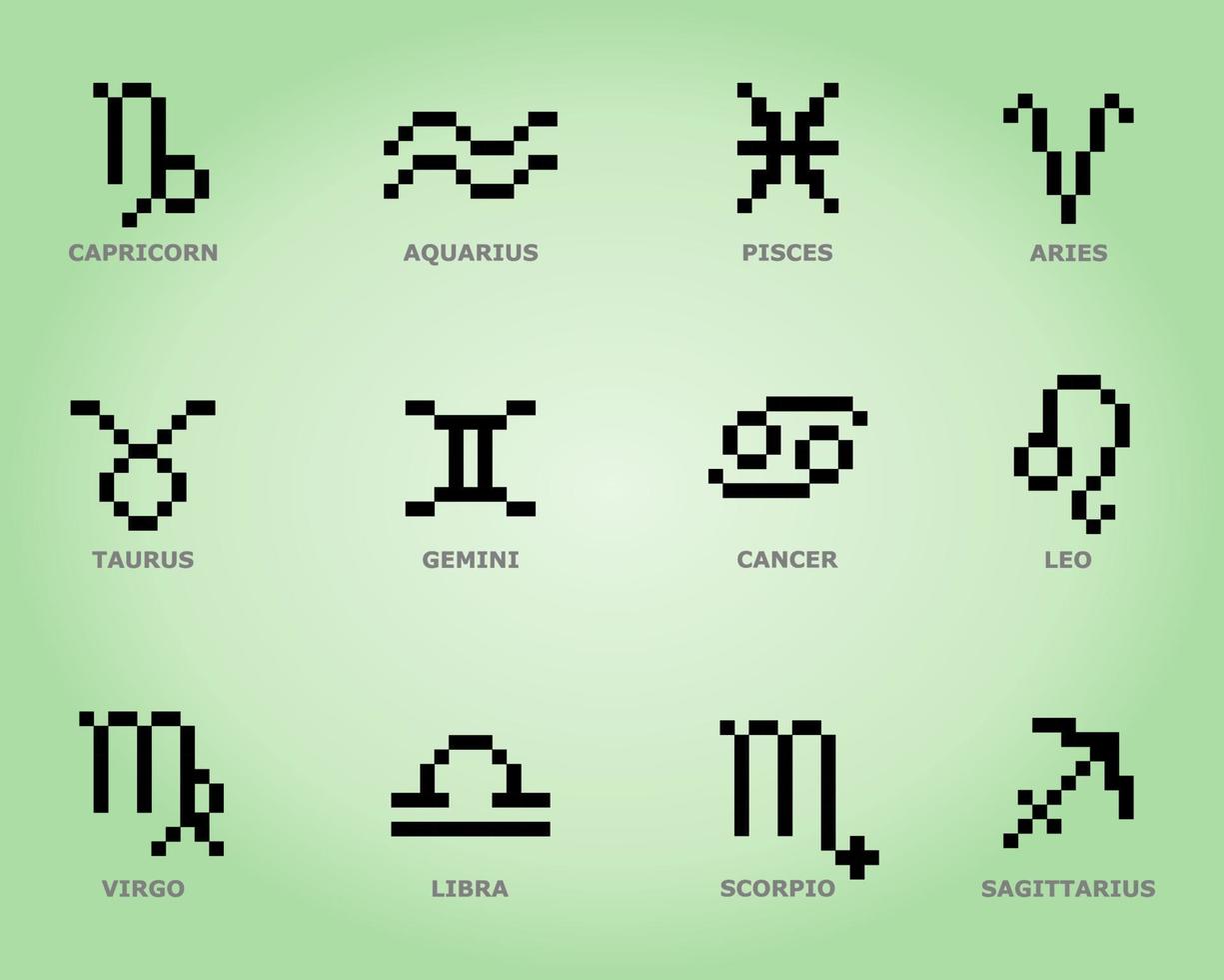 8 bit pixel dierenriem set. sterren symbool voor astrologie horoscoop. astrologische kalender collectie in vectorillustratie. vector