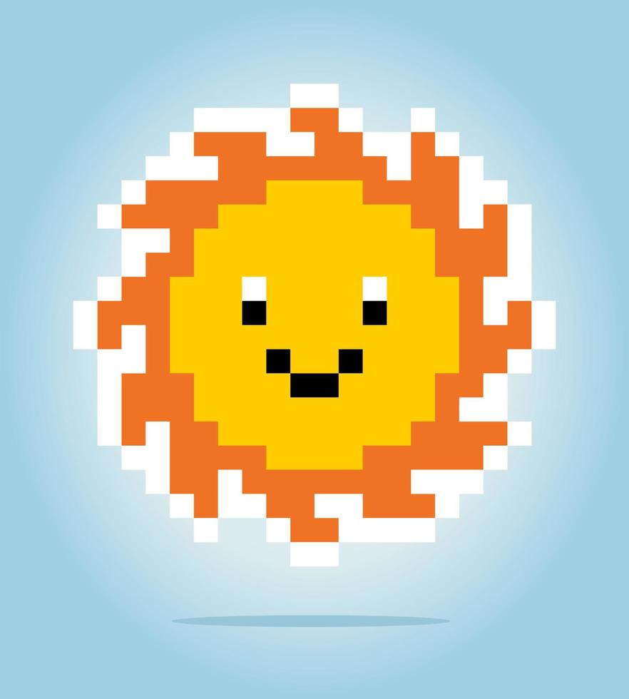 8-bits pixel van zon met gezicht, voor game-items en kruissteekpatronen in vectorillustraties. vector