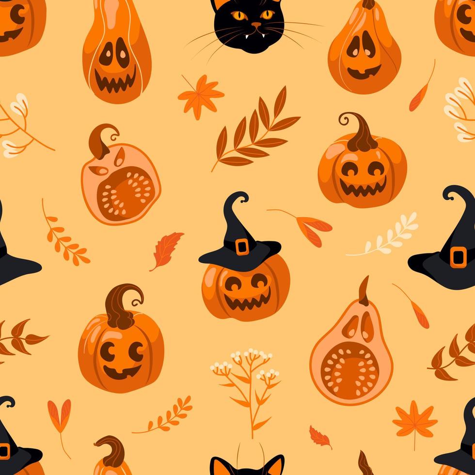 halloween helder naadloos vector patroon. pompoen jack-o-lantern, heks hoed, herfst bladeren, kruiden en bloemen Aan een geel achtergrond. voor kinderkamer, behang, het drukken Aan kleding stof, inpakken, achtergrond