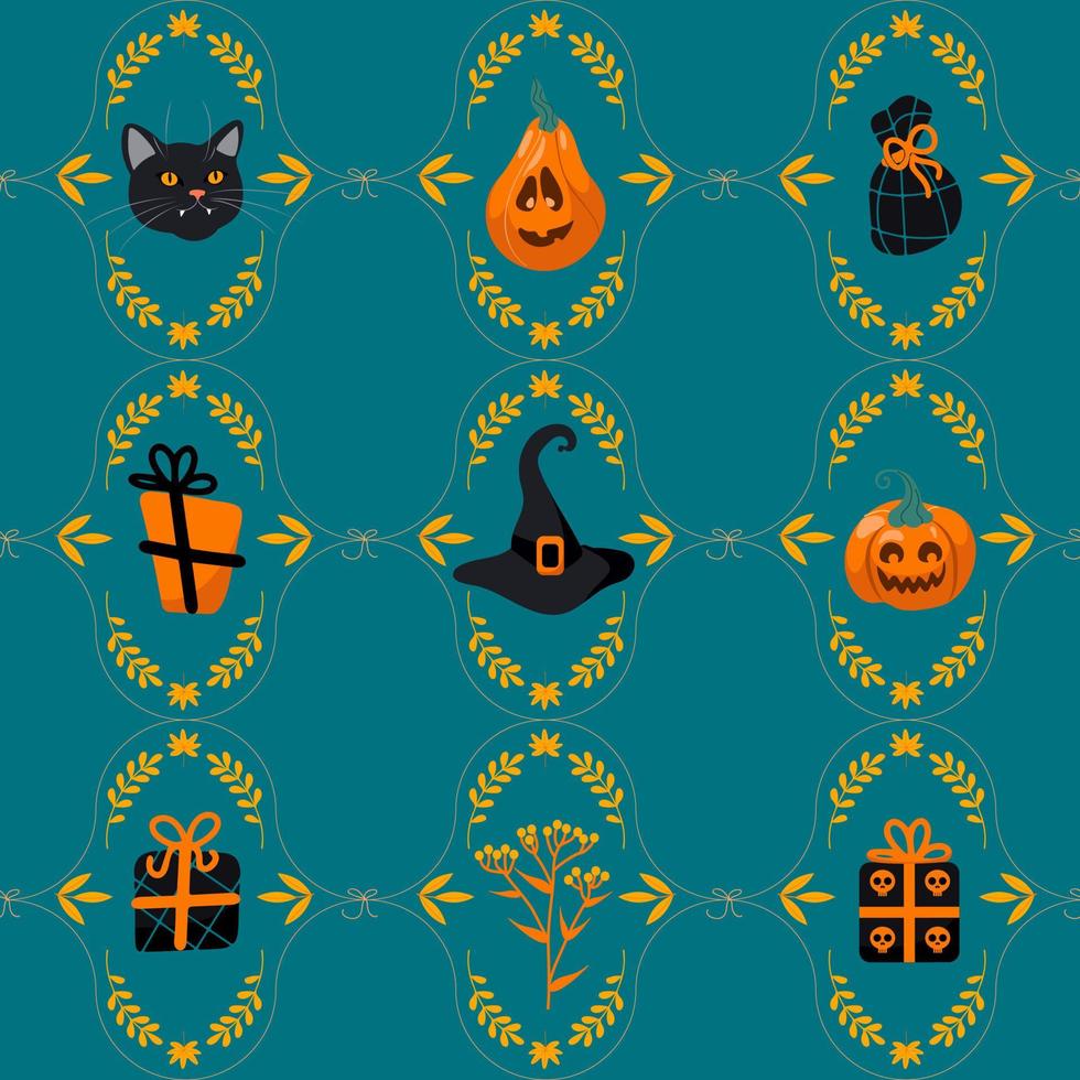 halloween naadloos patroon zwart kat, heks hoed, jack lantaarn, geschenken, snoep. Aan een groen achtergrond. helder illustratie tekenfilm stijl. voor kinderkamer, behang, het drukken Aan kleding stof, inpakken, achtergrond. vector